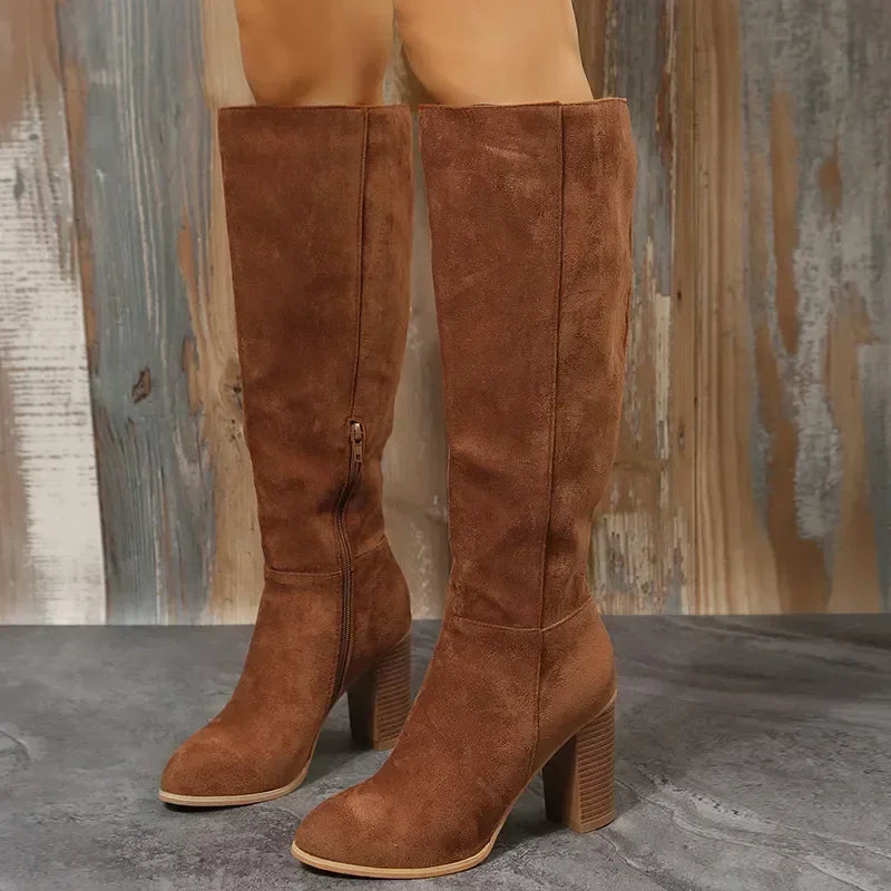 Retro High Heels Western Cowboy Chunky Boots with Plush Lining - Winter Warm Knee High Suede Boots