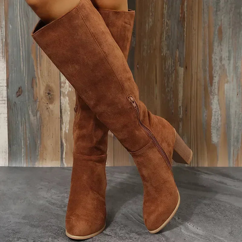 Retro High Heel Western Cowboy Chunky Winter Warm Plush Leather Suede Knee High Boot