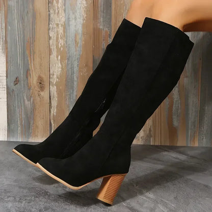 Retro High Heels Western Cowboy Chunky Boots with Plush Lining - Winter Warm Knee High Suede Boots