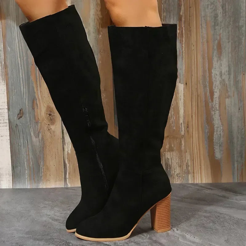 Retro High Heels Western Cowboy Chunky Boots with Plush Lining - Winter Warm Knee High Suede Boots