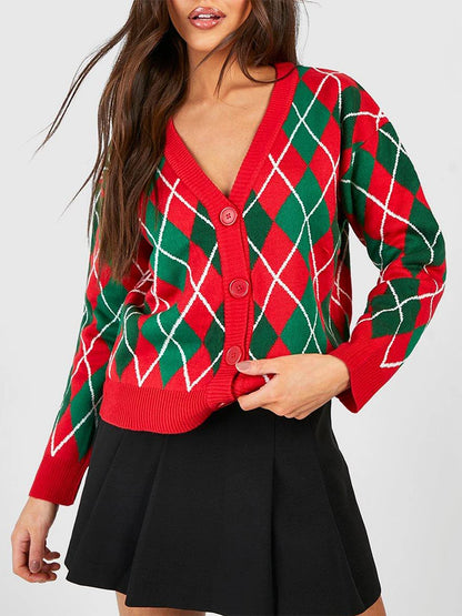 Christmas Sweater Button Diamond Cardigan