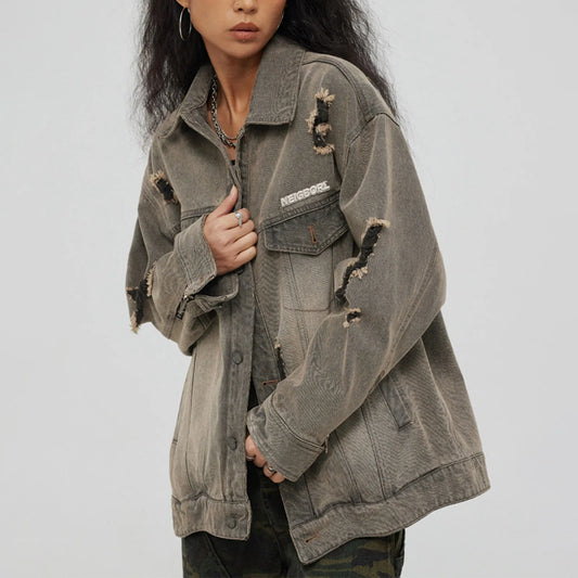 Distressed Denim With Collar Vintage Large Pockets Chic Stylish Elegant Fashionable Versatile