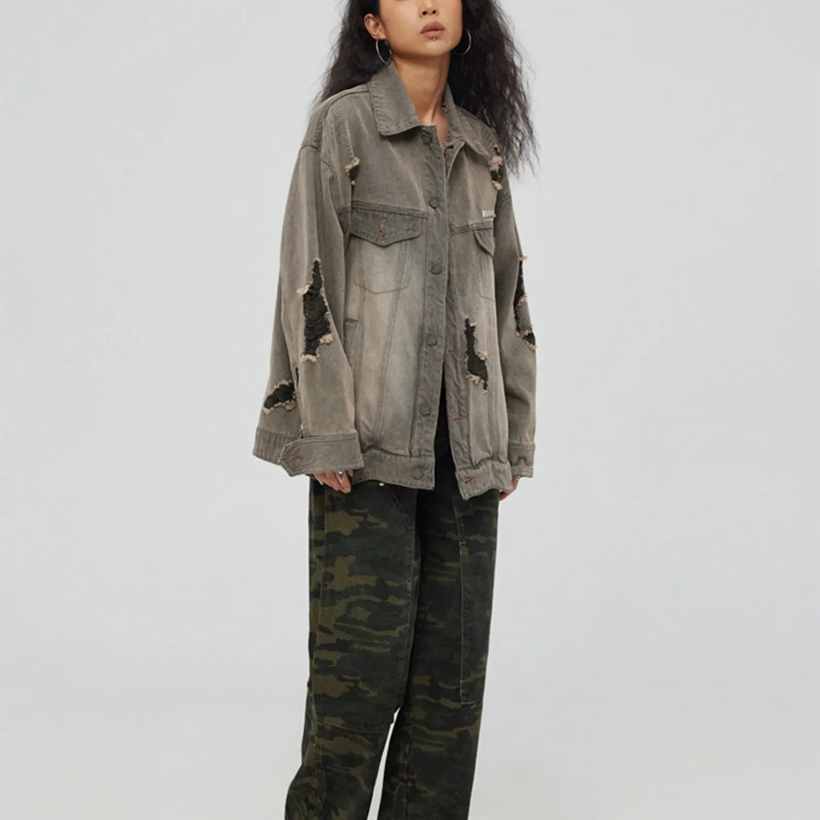 Distressed Denim With Collar Vintage Large Pockets Chic Stylish Elegant Fashionable Versatile