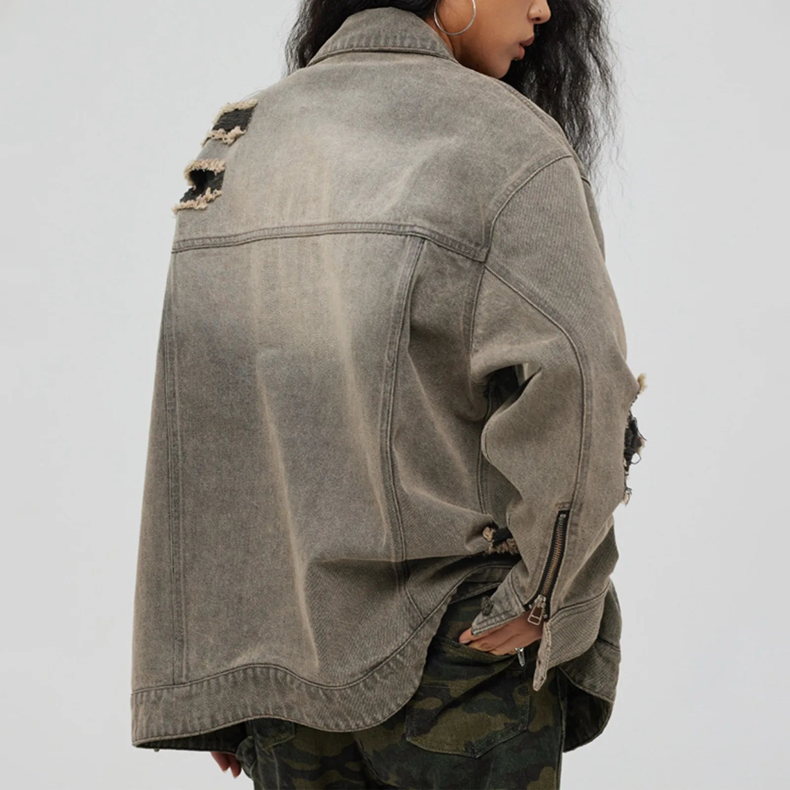Distressed Denim With Collar Vintage Large Pockets Chic Stylish Elegant Fashionable Versatile