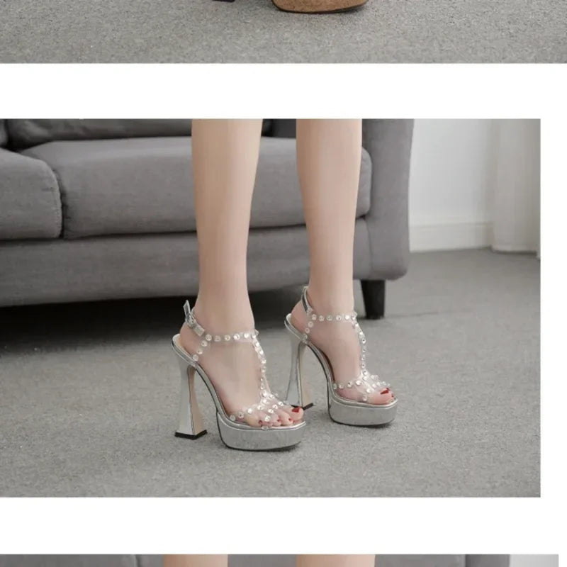 Transparent PVC Rhinestone Platform Sandals with Super High Heel - Gold/Silver