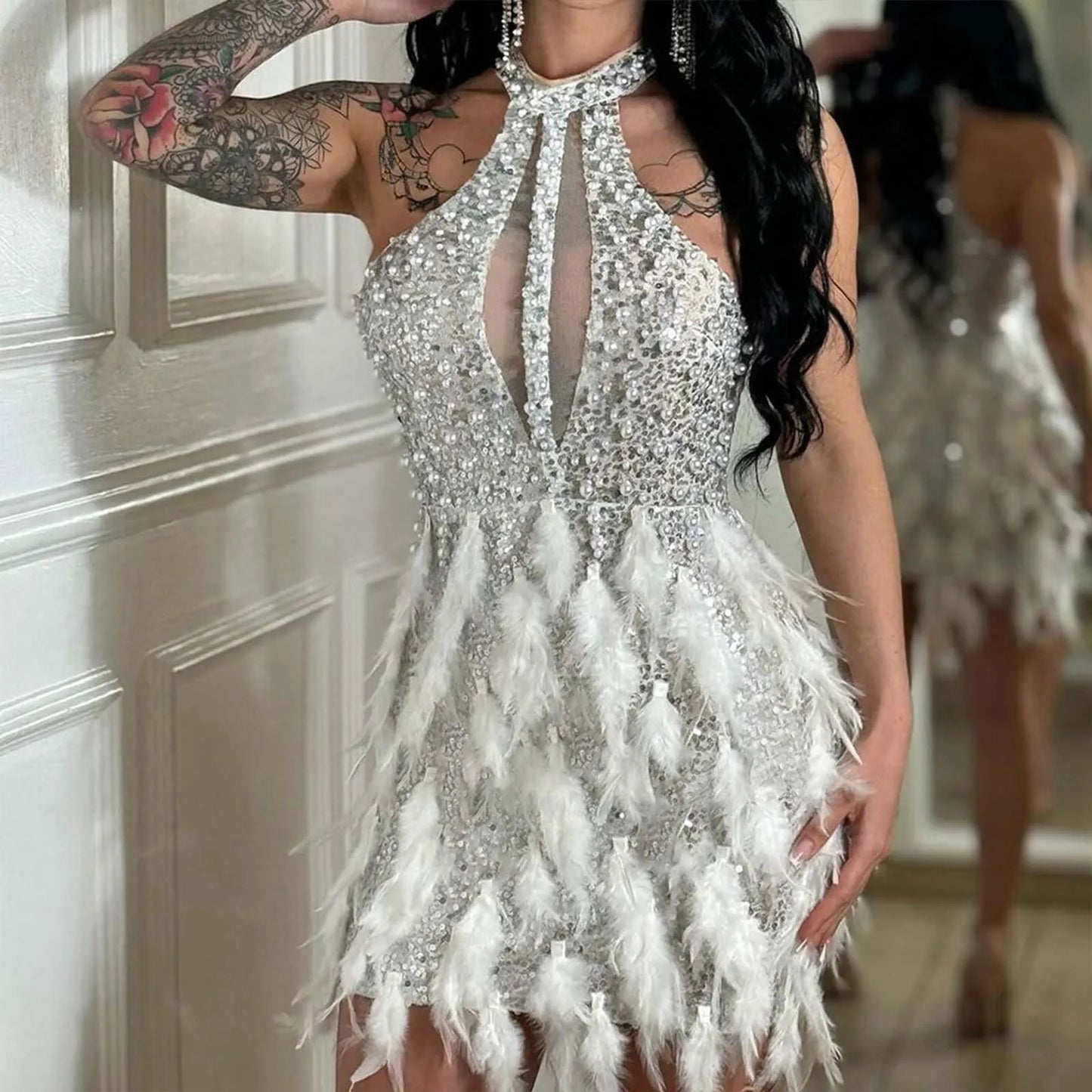 See Through Feather Bodycon Party Dress