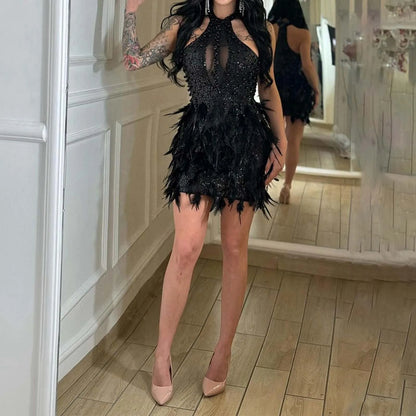 See Through Feather Bodycon Party Dress