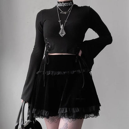 Sexy Fashion Summer Embroidery Black Gothic Casual Stylish Lace Trim Skirt