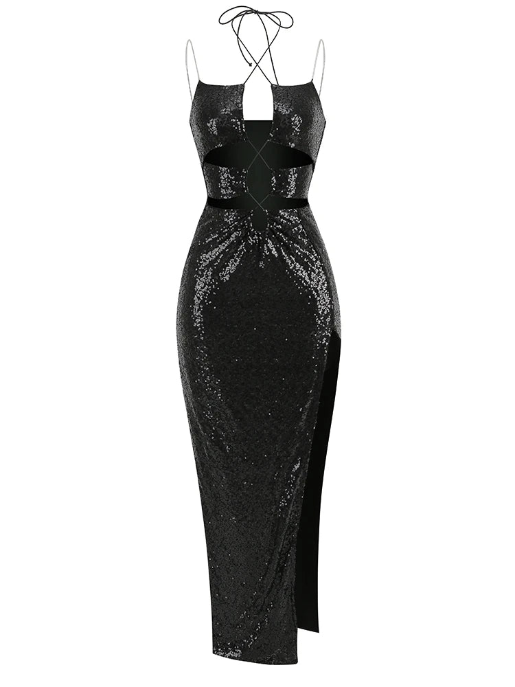 Sexy Sleeveless Cut Out Black Sequins Elegant Backless High Slit Christmas Party Dress