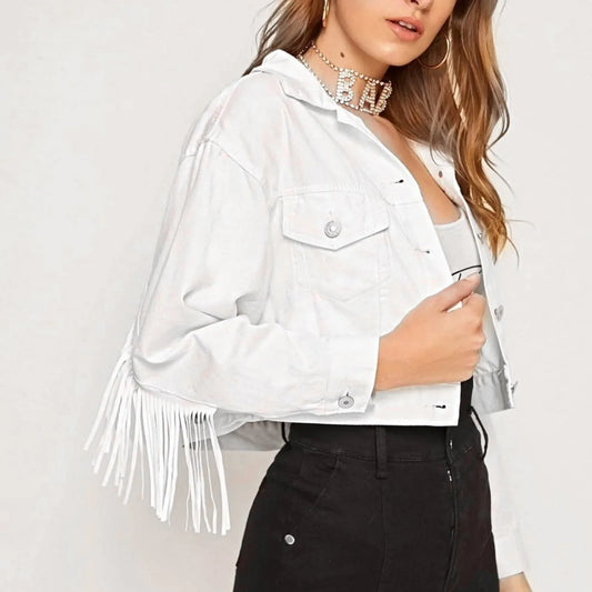 Short Loose Denim Wi Pockets Lapel Button Tassel Chic Stylish Elegant Fashionable Versatile Boyfriend Outer Jacket