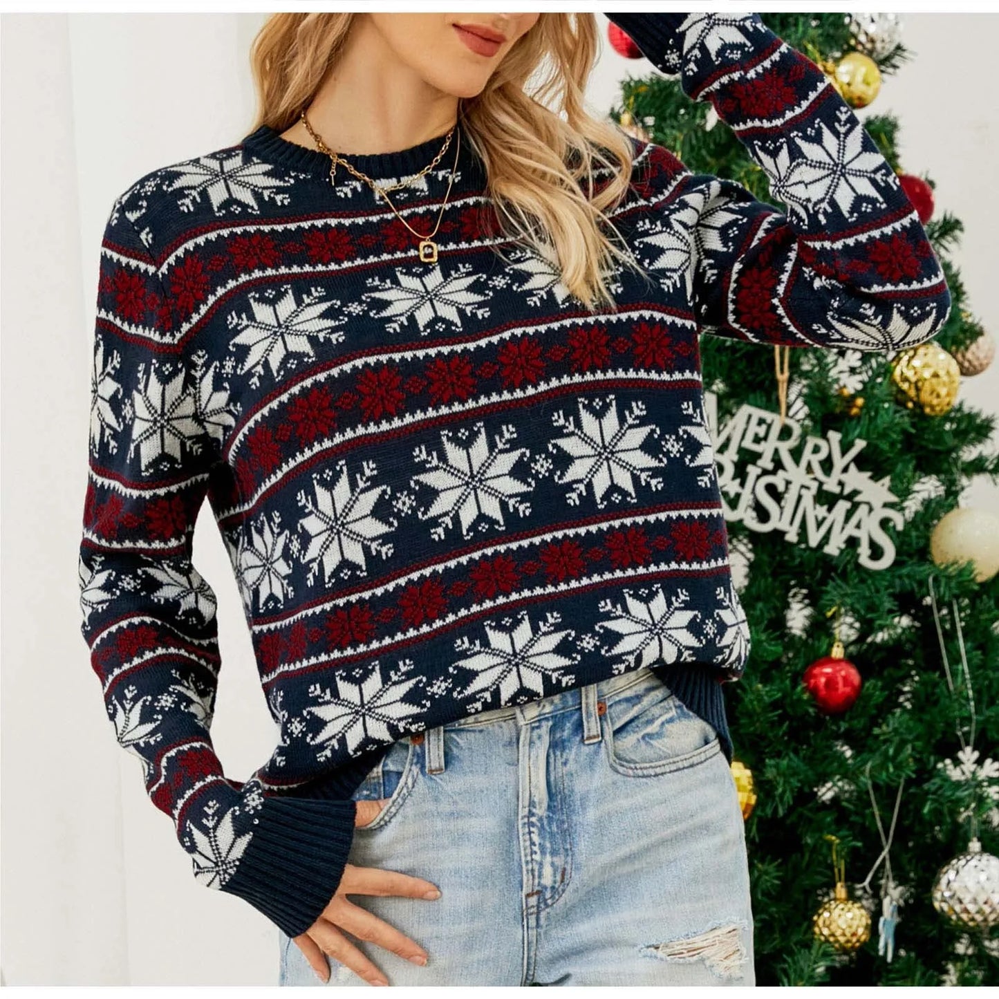 Snowflake Jacquard Christmas Party Knitted Autumn Winter Casual Christmas Sweater