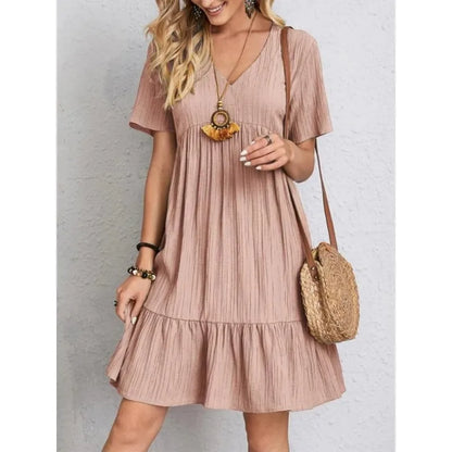 Solid V-Neck Short Sleeve Ruffles Boho Dress