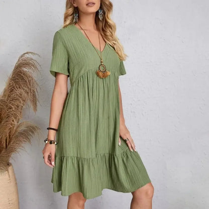 Solid V-Neck Short Sleeve Ruffles Boho Dress