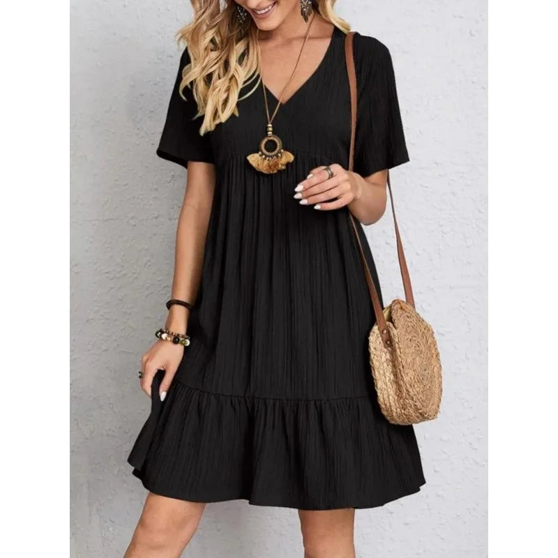 Solid V-Neck Short Sleeve Ruffles Boho Dress