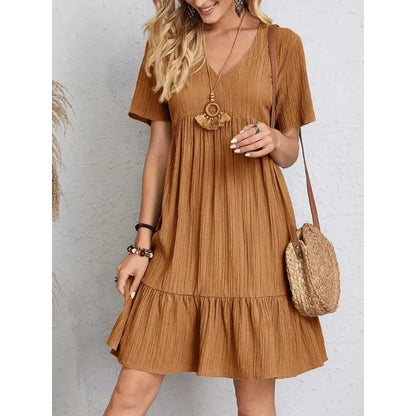 Solid V-Neck Short Sleeve Ruffles Boho Dress