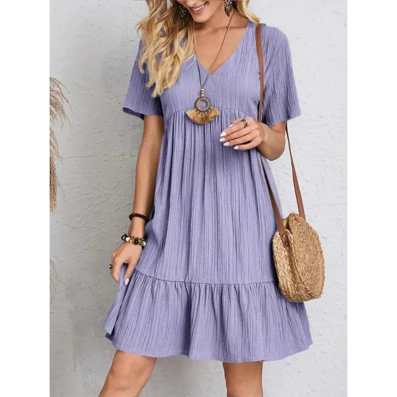 Solid V-Neck Short Sleeve Ruffles Boho Dress