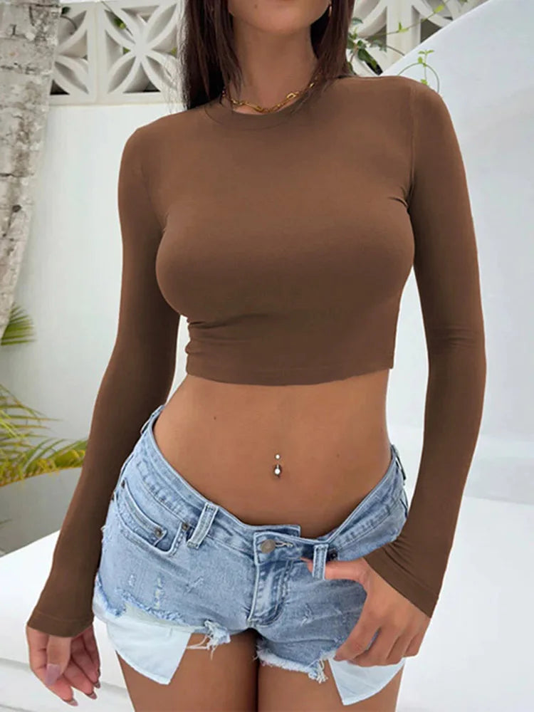 Stretch Casual Solid All-match Female Autumn Crop Top