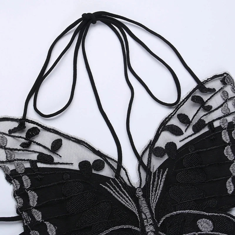 Gothic Butterfly-Shape Sexy Black Halter Strappy Backless Crop Top