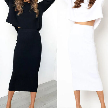 Summer Long Knitted Bodycon Slim Elegant Solid Black Midi Pencil Skirt