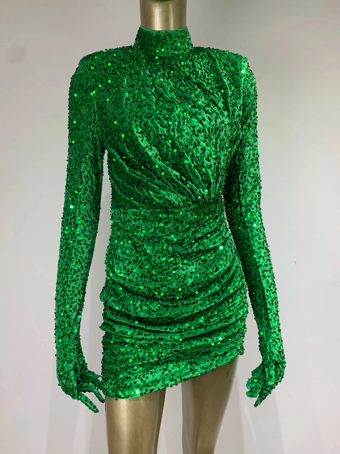 Summer Sexy Turtleneck Long Sleeve Velvet Green Mini Sequins Bodycon Christmas Party Dress