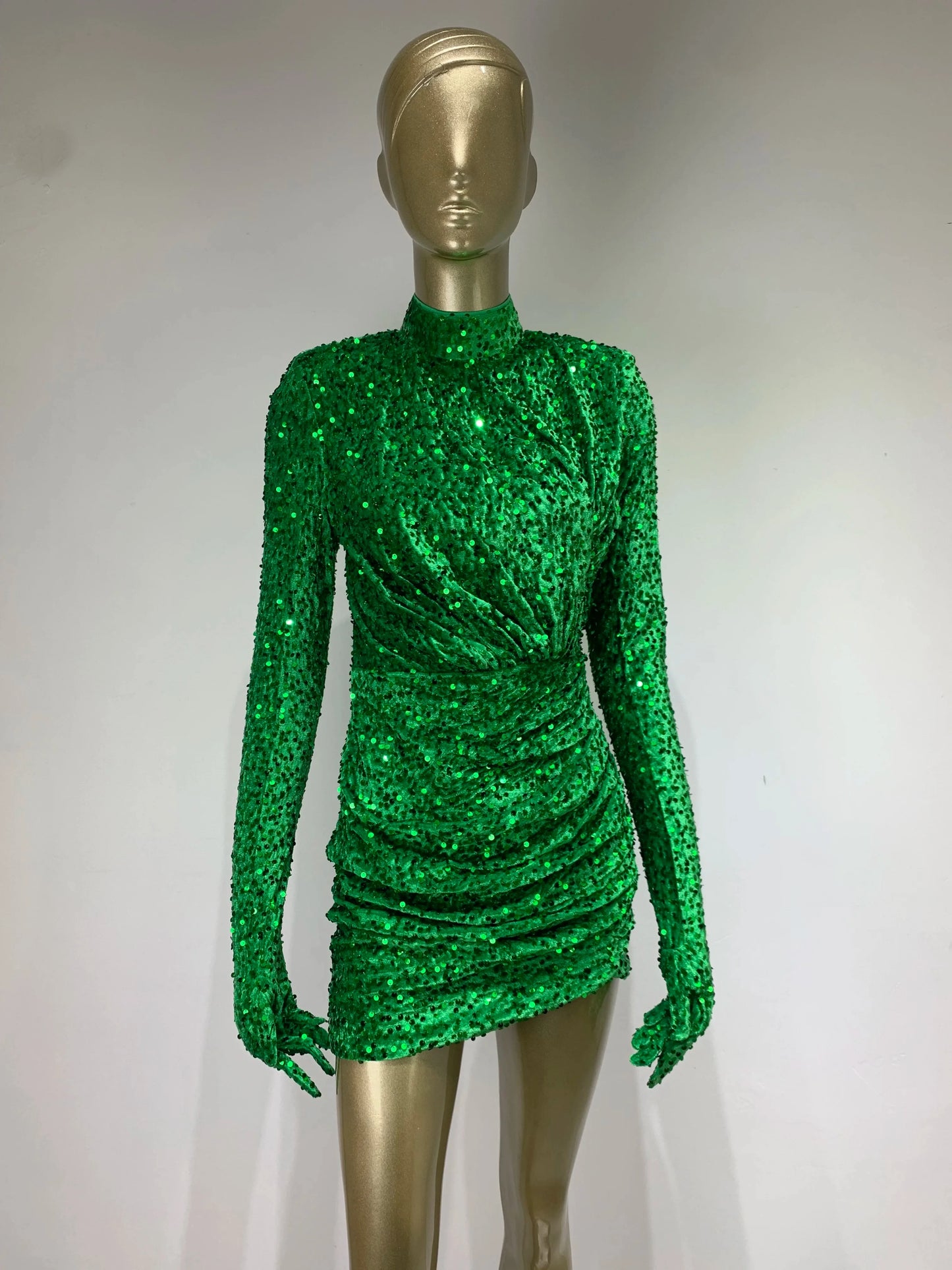 Summer Sexy Turtleneck Long Sleeve Velvet Green Mini Sequins Bodycon Christmas Party Dress