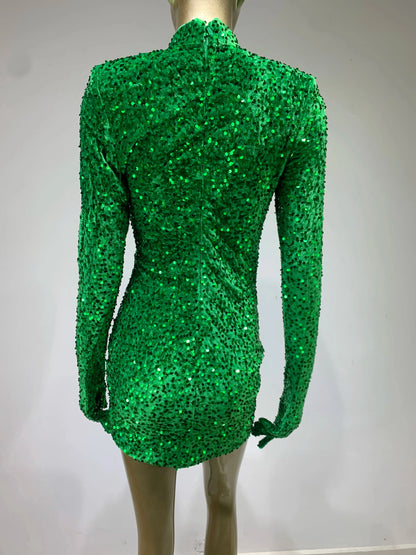 Summer Sexy Turtleneck Long Sleeve Velvet Green Mini Sequins Bodycon Christmas Party Dress