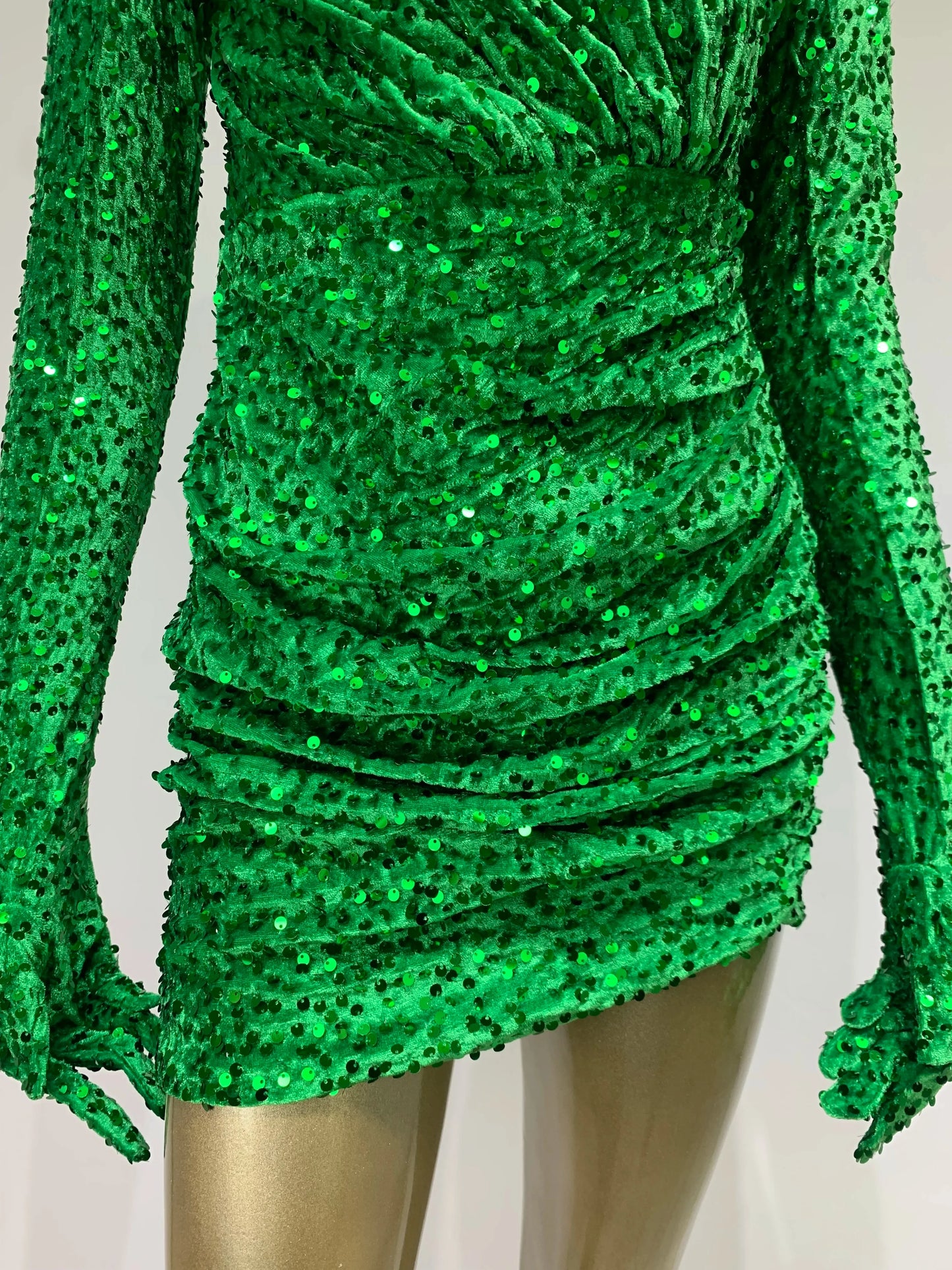 Summer Sexy Turtleneck Long Sleeve Velvet Green Mini Sequins Bodycon Christmas Party Dress