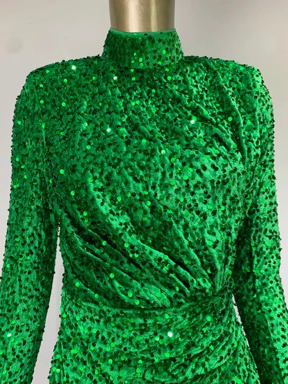 Summer Sexy Turtleneck Long Sleeve Velvet Green Mini Sequins Bodycon Christmas Party Dress