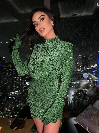 Summer Sexy Turtleneck Long Sleeve Velvet Green Mini Sequins Bodycon Christmas Party Dress