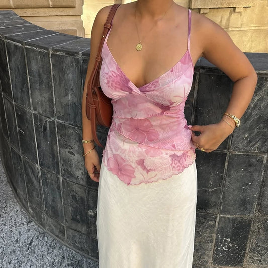 Spaghetti-Crop-Top aus geblümtem Netzstoff