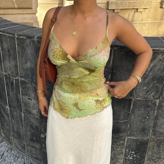 Spaghetti-Crop-Top aus geblümtem Netzstoff