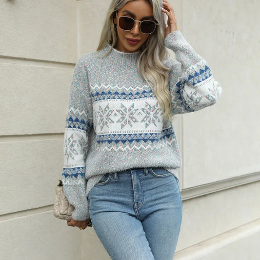 Mock Neck Long Sleeve Street Fashion Christmas Snowflake Jacquard Christmas Sweater