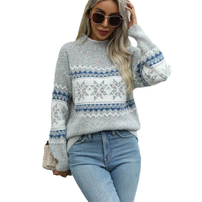 Mock Neck Long Sleeve Street Fashion Christmas Snowflake Jacquard Christmas Sweater