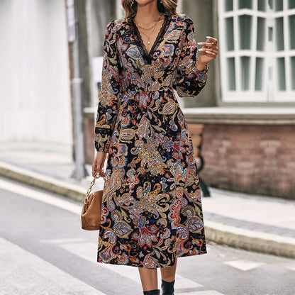 Autumn Sweet Fresh Bohemian Long Sleeve Floral Boho Dress