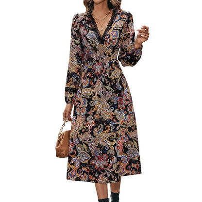 Autumn Sweet Fresh Bohemian Long Sleeve Floral Boho Dress