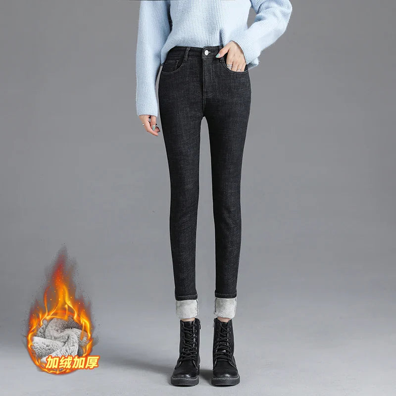 Thickened High Waist Warm Casual Slim Stretch Denim Plus Velvet Jean