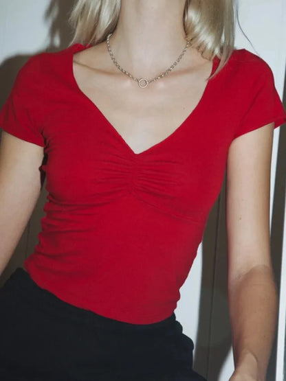 Soft Stretchy Fitted V-neck Tee Seam Bust Crop Top