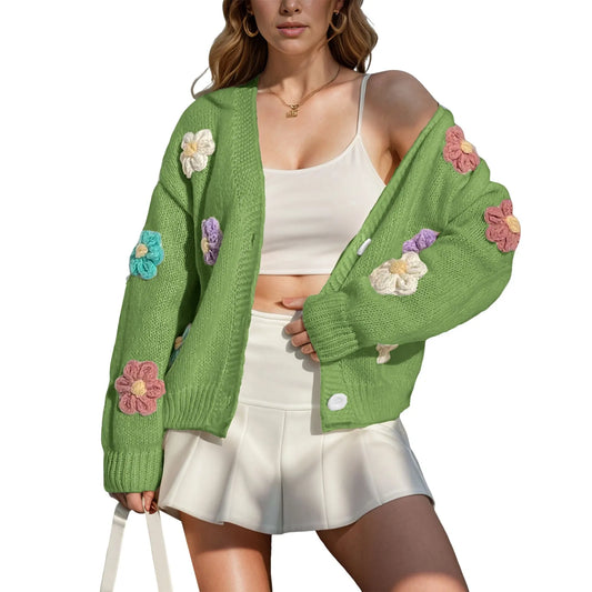 Flower Open Front Button-Down Loose Cropped Knit Cardigan