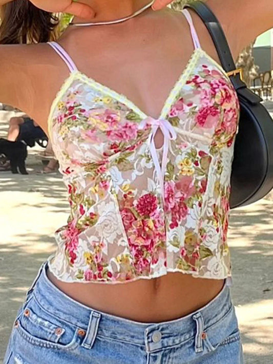 Sexy Lace Sheer Floral V Neck Crop Top