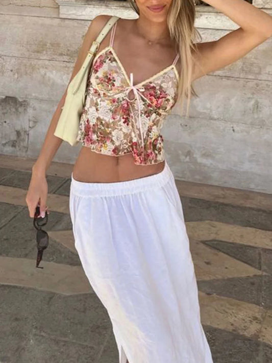 Sexy Lace Sheer Floral V Neck Crop Top