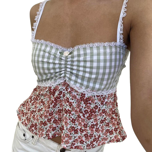 Y2K Lace Trim Plaid Floral Sleeveless Crop Top