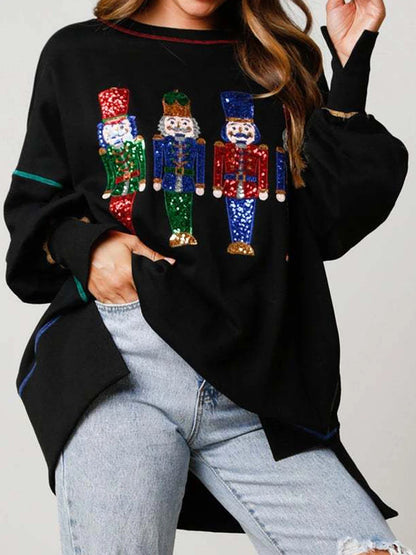 Y2K Nutcracker Graphic Sequin Long Sleeve Crewneck Pullover Christmas Hoodie