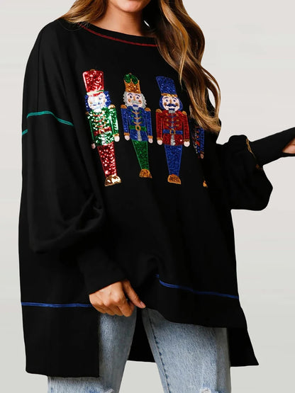 Y2K Nutcracker Graphic Sequin Long Sleeve Crewneck Pullover Christmas Hoodie