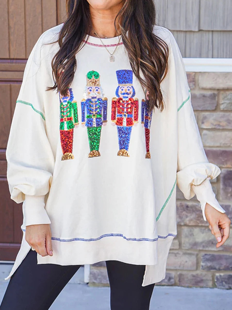 Y2K Nutcracker Graphic Sequin Long Sleeve Crewneck Pullover Christmas Hoodie