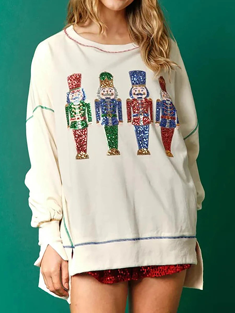 Y2K Nutcracker Graphic Sequin Long Sleeve Crewneck Pullover Christmas Hoodie