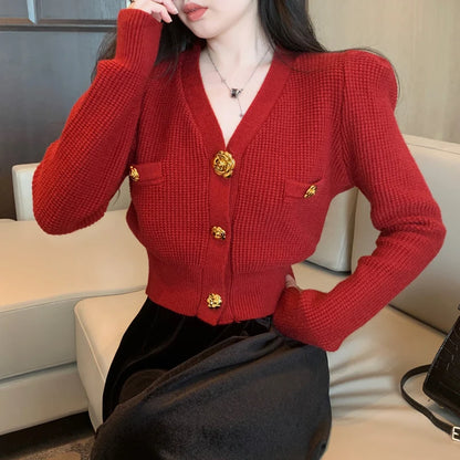 V-Neck Long Sleeved Cardigan Jacket Warm Black Red Christmas Sweater