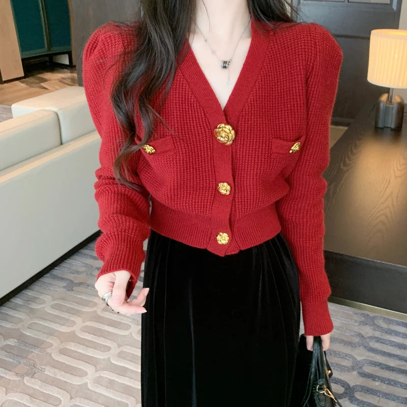 V-Neck Long Sleeved Cardigan Jacket Warm Black Red Christmas Sweater