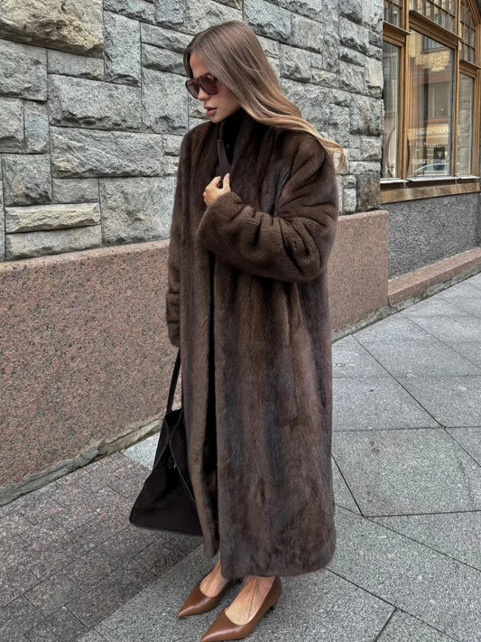 Brown Long Sleeve Fluffy Plush Coat