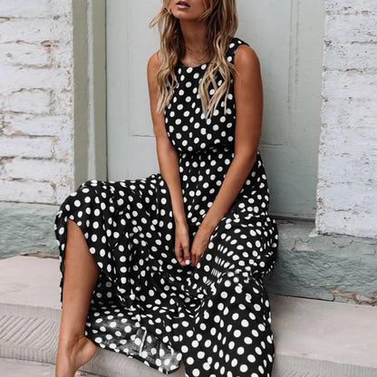 Casual Versatile Sleeveless Round Neck Polka Dot Boho Dress