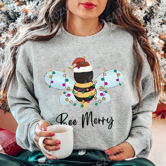 Cute Festive Long Sleeve Bee Letter Print Christmas Hoodie